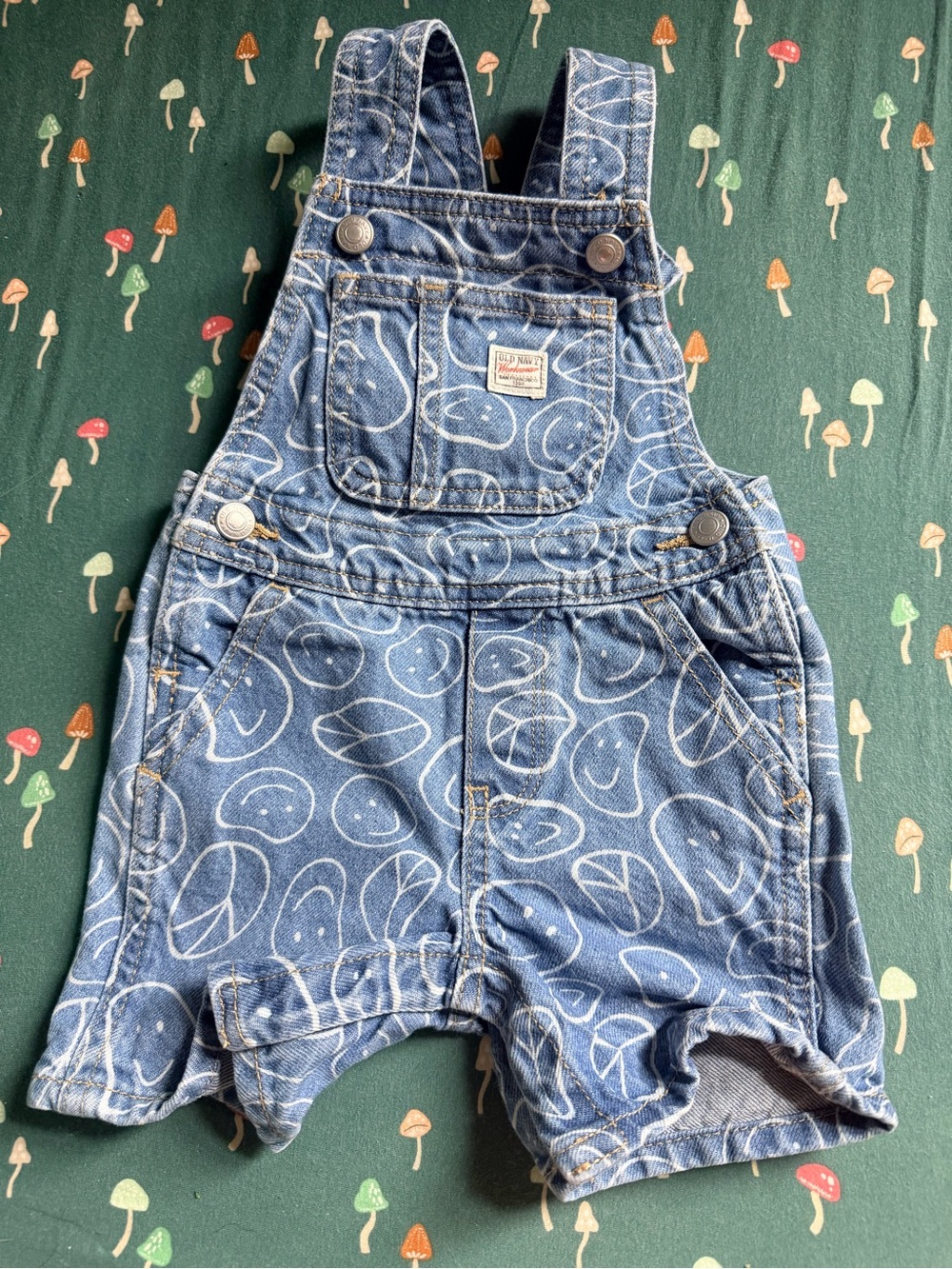 Toddler’s Denim Smile Print Short Overalls - Blue Jean - Shortalls